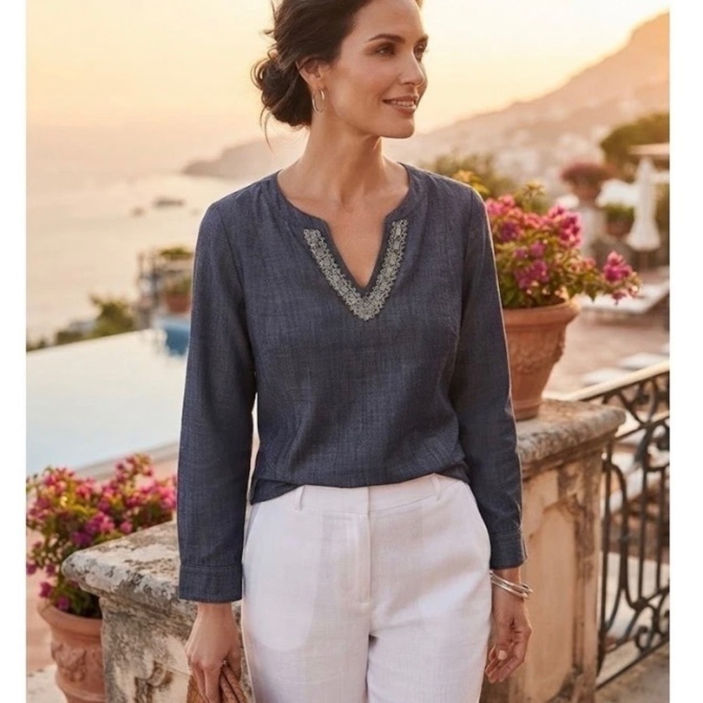 Chico's Chambray Popover Women Blue Beaded Placket Blouse